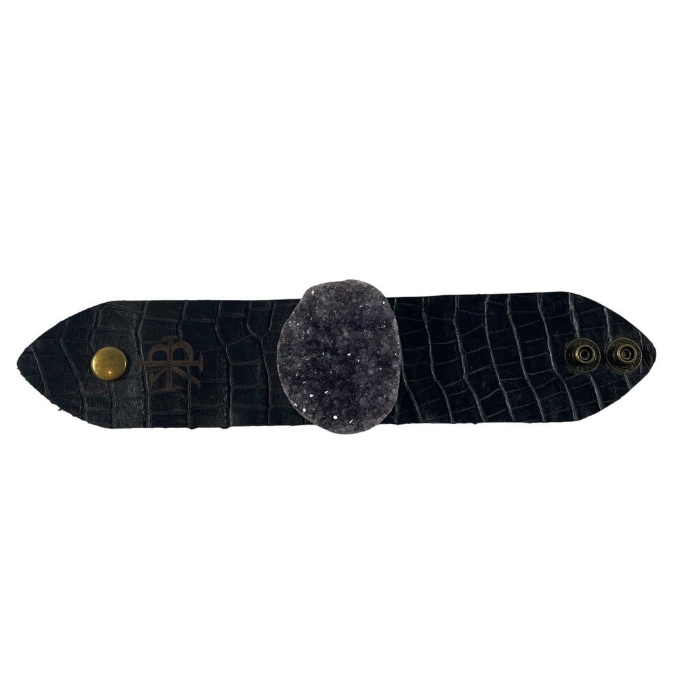 Karli Buxton Black Embossed Leather Cuff Bracelet Raw Druzy Geode Snap